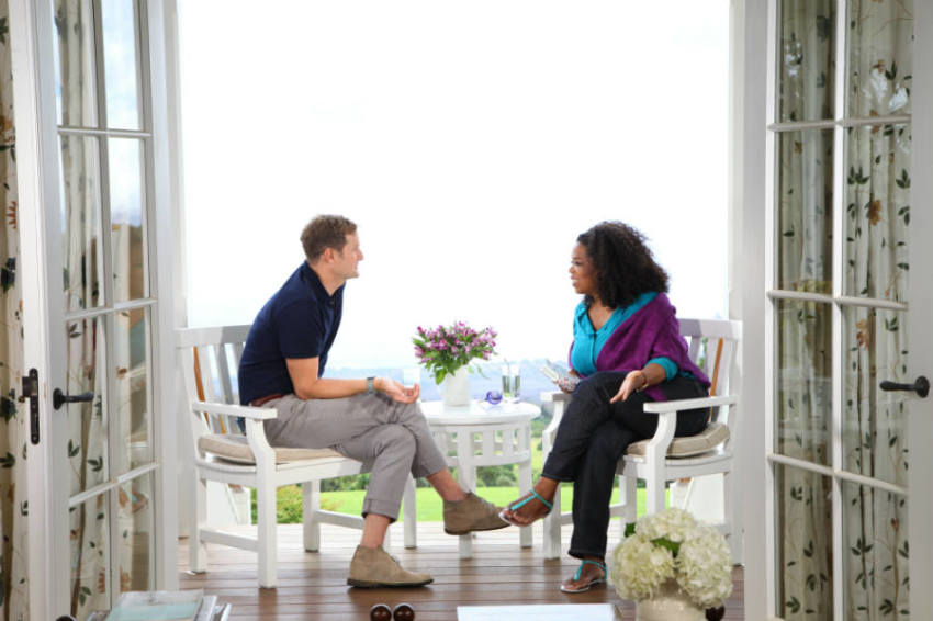 Rob Bell speaks with Oprah Winfrey in an episode of the OWN cable network's 