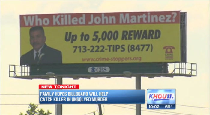 Norma Martinez of Texas took out this billboard to help get information leading to the arrest of her husbands killer(s).