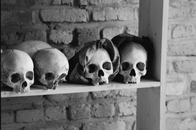 Human skulls at a genocide site in Ntarama, Rwanda.