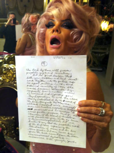 Michael Koper submitted this photo (Exhibit F) as public evidence in court of Jan Crouch purportedly holding a letter written by her husband Paul Crouch while he was hospitalized in 2011 for a heart ailment.