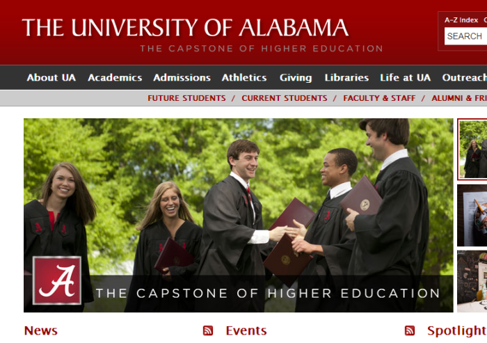 A screen grab from the University of Alabama's homepage.