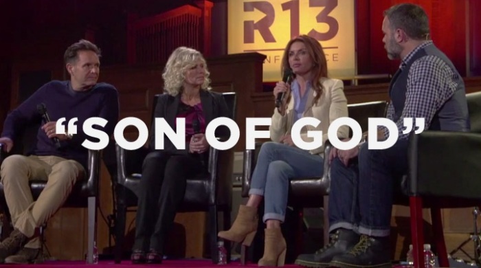 'The Bible' TV series producers, Mark Burnett (far left) and Roma Downey (2nd from far right), are interviewed by Pastor Mark Driscoll during the Resurgence 2013 conference. Driscoll's wife, Grace, ended the session in prayer for the Christian Hollywood industry couple, Nov. 6, 2013.