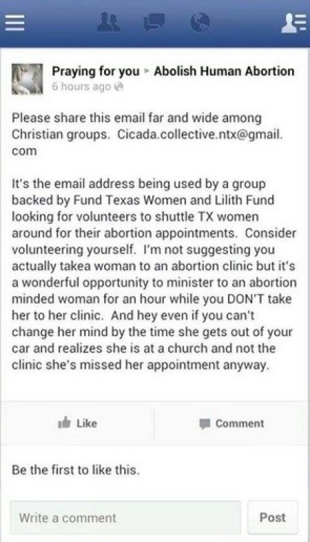 Facebook post from Praying For You to Abolish Human Abortion from November 9 that suggests the anti-abortion group kidnap women seeking to terminate their pregnancies.