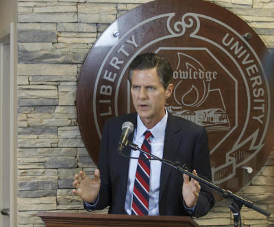Jerry Falwell Jr., president of Liberty University, talks with the members of the media Nov. 19, 2013, about the a student shot by a campus police officer.
