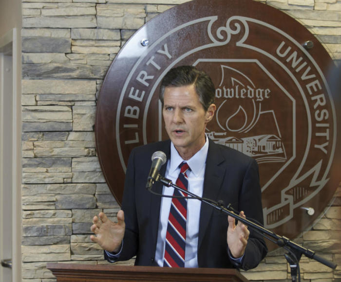 Jerry Falwell Jr., president of Liberty University, talks with the members of the media Nov. 19, 2013, about the a student shot by a campus police officer. The student has been identified as Joshua Hathaway, 19, of Lubbock, Texas.
