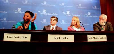 (L to R) Carol Swain, Mark Tooley, Kelly Monroe Kullberg, James Hoffmeier at a panel, 'Doing Good to the Stranger and the Citizen: Evangelicals Discuss Immigration Reform,' at The Heritage Foundation, Nov. 20, 2013.