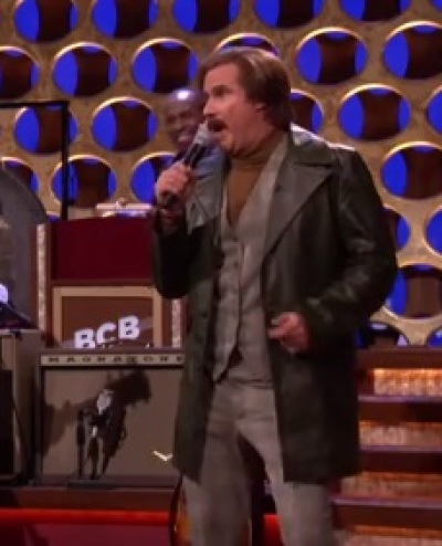 Will Ferrell performs a song on the TBS talk show 'Conan' while dressed up as the character Ron Burgundy from 'Anchorman 2.'