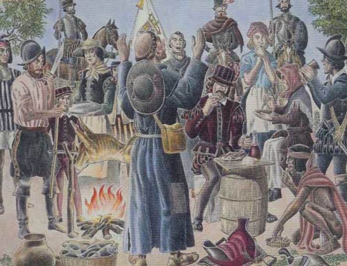 A painting depicting what many believe to be the real first Thanksgiving in North America. Conquistadors under the leadership of Don Juan De Oñate celebrating the occasion in 1598 at modern day San Elizario, Texas.