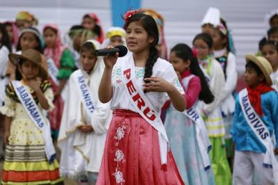 A Peruvian girl during a parade of nations performance at the Worldwide Missionary Movement event in Lima, Peru.