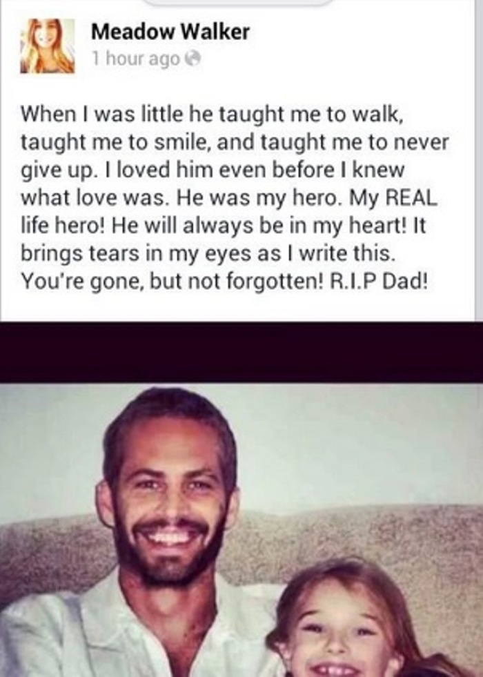 Paul Walker's Daughter, Meadow Rain Walker, has posted a message on her social media account in memory of her father following his tragic death on Saturday.