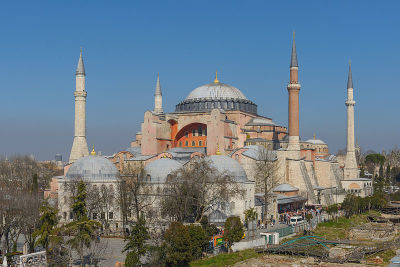 The imposing structure of Hagia Sophia, located in Istanbul, Turkey. The building began as an Orthodox Christian cathedral, was converted to a mosque in the 15th century, and was then made into a museum in the 1930s.
