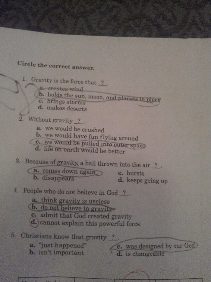 Fourth grade science quiz from private religious school in Florida asks questions about God and gravity.