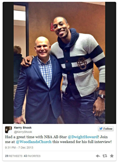 Houston Rocket's Dwight Howard visited Pastor Kerry Shook's Woodlands Church in Texas on Saturday, Dec. 7, 2013.