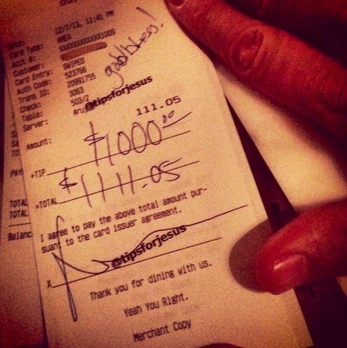 A 614,000 tip receipt left at Bo's Kitchen & Bar Room in New York City, New York, on December 7, 2013.