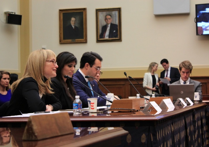 Witnesses go before a Joint Subcommittee hearing on the status of imprisoned Iranian-American Pastor Saeed Abedini held at the Rayburn House Office Building in Washington, DC on Thursday, December 12, 2013. From Left to Right: Dr. Katrina Lantos Swett, vice chair of the US Commission on International Religious Freedom; Mrs. Naghmeh Abedini, wife of Pastor Saeed Abedini; Jordan Sekulow, executive director of the American Center for Law Justice; and Dr. Daniel Calingaert, executive vice president of Freedom House.