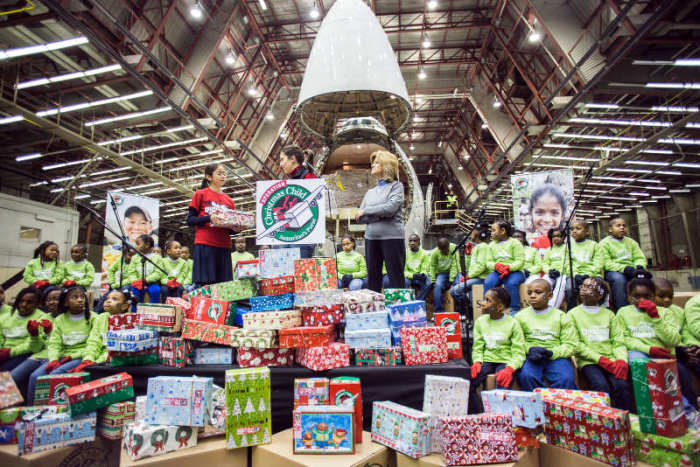 Operation Christmas Child, the annual holiday outreach event organized by Franklin Graham's Samaritan's Purse, shipped off more than 60,000 shoe boxes for young survivors of Typhoon Haiyan in the Philippines on Thursday, Dec. 12, 2013, at JFK Airport's Hangar 19 in New York City.