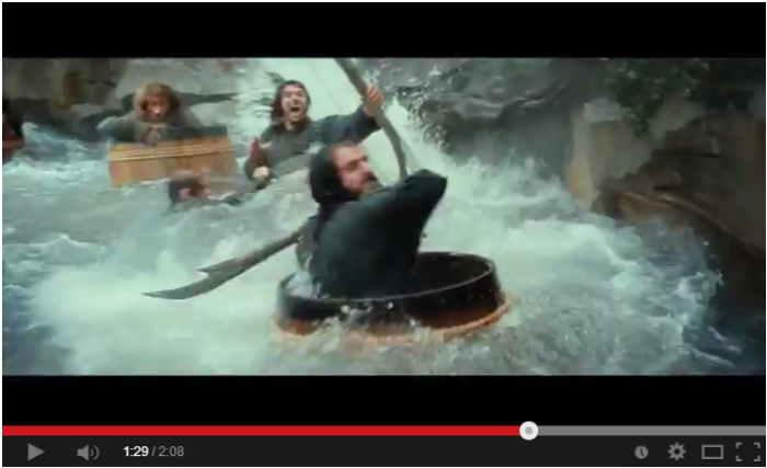 Thorin slashes at an orc from his barrel moving down the river, followed by his fellow dwarves. In a hilarious and entertaining turn of events, the dwarves must escape from elves on barrels, while fighting orcs.