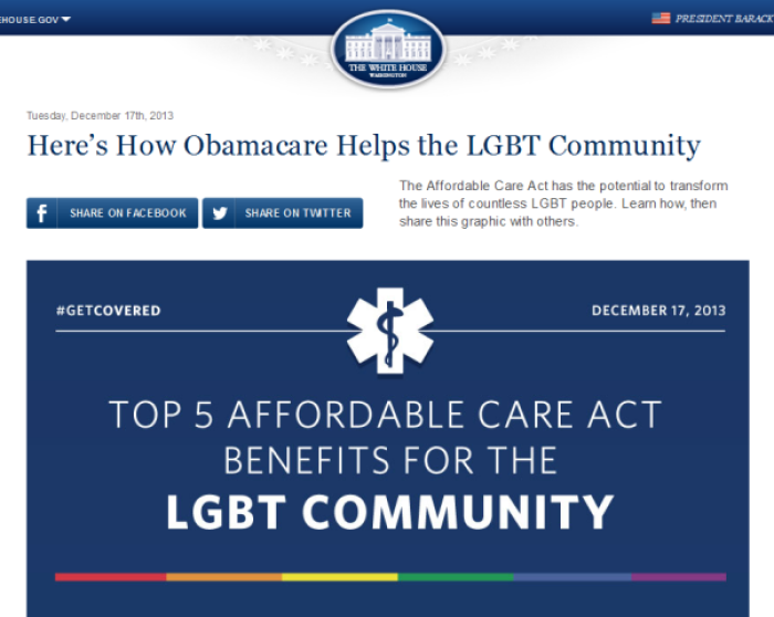 The Obama administration releases an infographic listing five reasons why LGBT Americans benefit from the Affordable Care Act or Obamacare, on Dec. 17, 2013.