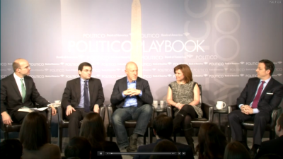 (L to R) Mike Allen, Peter Baker, Mark Leibovich, Kelly O'Donnell, Jake Tapper at Politico's Playbook Breakfast Panel, Dec. 18, 2013, Washington, D.C.