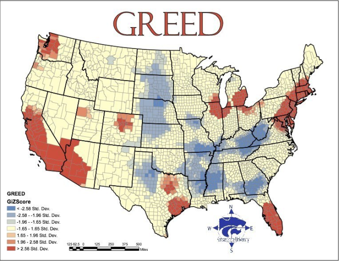 In 2009, Kansas State University geographers mapped out the 'Seven Deadly Sins' across America. Here is the map for greed.