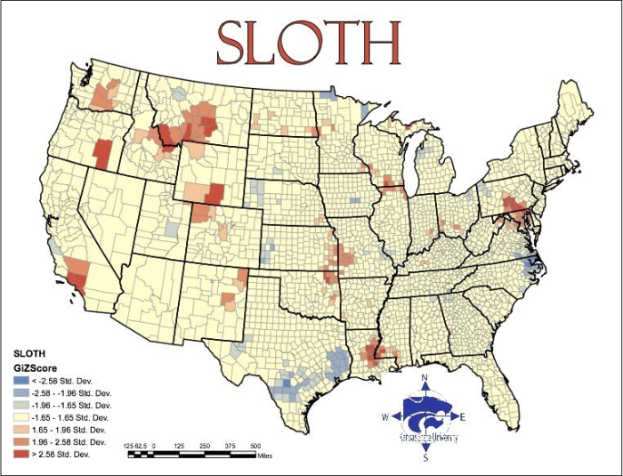 In 2009, Kansas State University geographers mapped out the 'Seven Deadly Sins' across America. Here is their map for sloth.