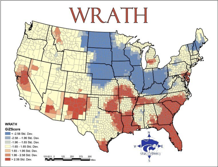 In 2009, Kansas State University geographers compiled the 'Seven Deadly Sins' across America. Here is their map for wrath.