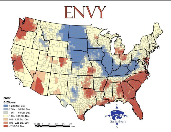 In 2009, Kansas State University geographers mapped the 'Seven Deadly Sins' across America. This is their map for envy.