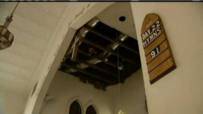 The damaged portion of the ceiling of the Lomax African Methodist Episcopal Zion Church in Arlington, Va.
