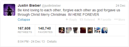 On Christmas Eve, pop star Justin Bieber told his fans to "forgive each other as god forgave us through Christ" and announced that, contrary to rumors he himself started, he would not be retiring from music.