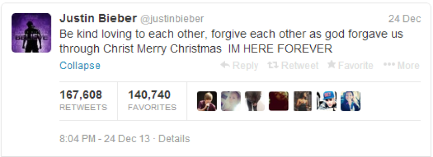 On Christmas Eve, pop star Justin Bieber told his fans to "forgive each other as god forgave us through Christ" and announced that, contrary to rumors he himself started, he would not be retiring from music.