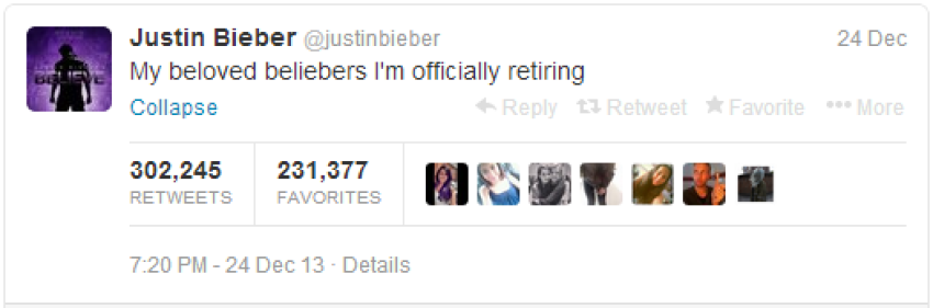On Christmas Eve, pop star Justin Bieber announced his retirement from music, which he rescinded less than an hour later.