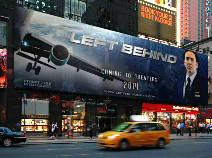 A billboard for the 2014 'Left Behind' movie staring Nicolas Cage is seen on display in New York City.