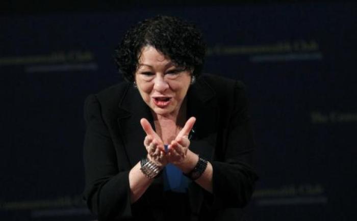 U.S. Supreme Court justice Sonia Sotomayor gestures to the audience after speaking at The Commonwealth Club of California in San Francisco, California January 28, 2013.