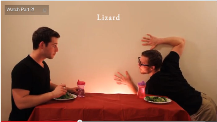 In 'How Animals Eat Their Food, Christian college students Ian Deibert and Nick Sjolinder act out animals in the act of consumption. Here, Sjolinder plays a lizard and Deibert a confused bystander.
