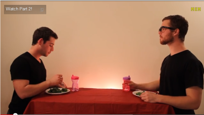 In 'How Animals Eat Their Food, Christian college students Ian Deibert and Nick Sjolinder act out animals in the act of consumption. Here, an idea strikes Sjolinder, and this subdued dinner party will become a veritable food-flying circus.