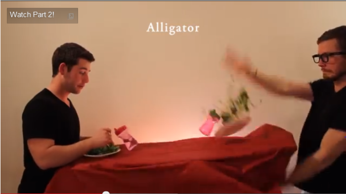 In 'How Animals Eat Their Food, Christian college students Ian Deibert and Nick Sjolinder act out animals in the act of consumption. Here, Sjolinder plays an alligator and Deibert a confused bystander.