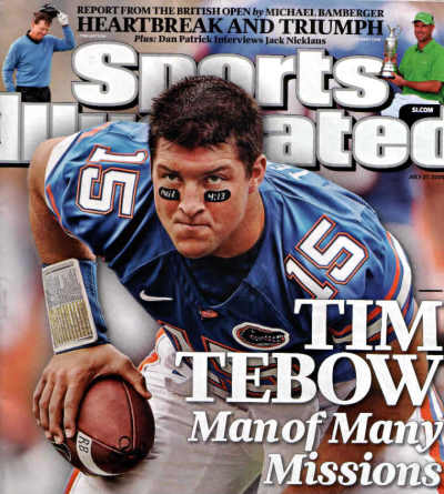 Tim Tebow appears on the July 27, 2009, cover of Sports Illustrated magazine. His eye black references Philippians 4:13, which reads: 'I can do all this through him who gives me strength.'
