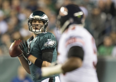 Philadelphia Eagles quarterback Nick Foles (9) throws a pass during the first quarter against the Chicago Bears at Lincoln Financial Field.