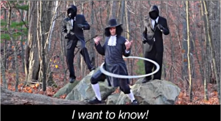 George Fox hoola hoops, hanging out with the jailers who listened to his preaching in prison and followed him after his release, in the Quaker parody of Ylvis' viral video 