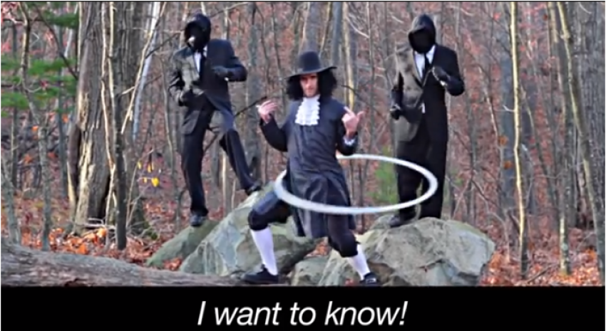 George Fox hoola hoops, hanging out with the jailers who listened to his preaching in prison and followed him after his release, in the Quaker parody of Ylvis' viral video 