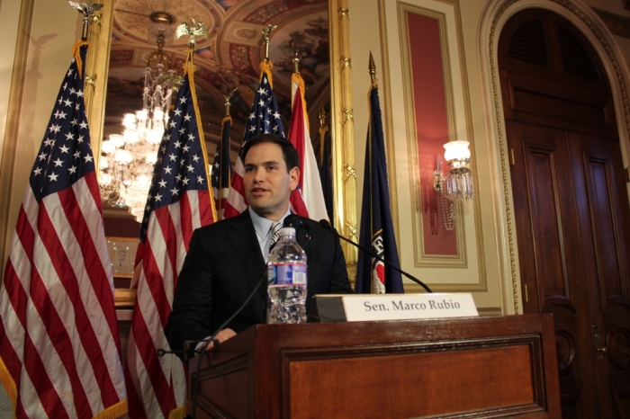 U.S. Senator Marco Rubio (R, FL) speaks about poverty alleviation for the 50th anniversary of President Lyndon Johnson's 'War on Poverty' speech at the U.S. Capitol on January 8, 2014.