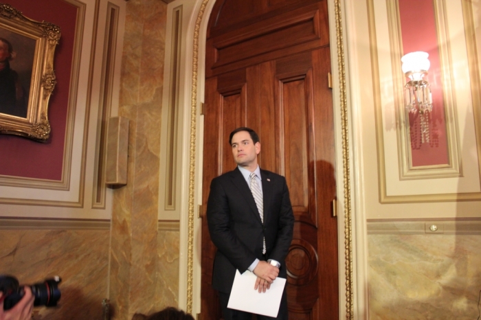 U.S. Senator Marco Rubio (R, FL), waiting to speak on poverty for the 50th anniversary of President Lyndon Johnson's 'War on Poverty' speech, at the U.S. Capitol building on January 8, 2014.
