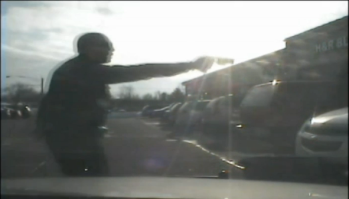 A screen grab from the dash-cam video showing Marcia Laning 63, being manhandled by officer Brian M. Doyle in Huber Heights, Ohio.