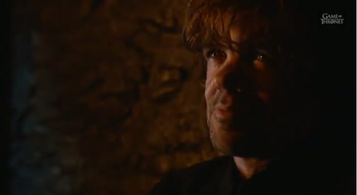 Still of Tyrion Lannister (Peter Dinklage) saying the final words to the Game of Thrones Season 4 trailer: 'If You Want Justice, You've Come To The Wrong Place.'