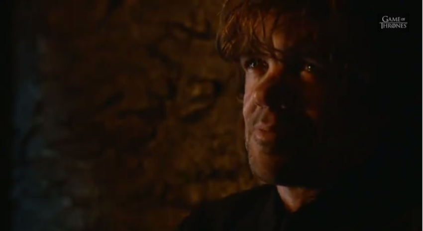 Still of Tyrion Lannister (Peter Dinklage) saying the final words to the Game of Thrones Season 4 trailer: 