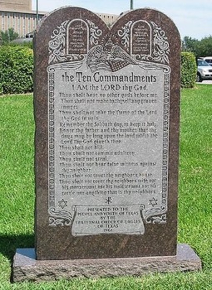 A Ten Commandments display erected in 2012 on the grounds of the state capitol building of Oklahoma City, Okla.