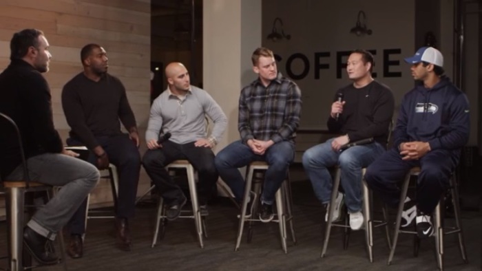 Mars Hill Pastor Mark Driscoll (L) is seen interviewing Seattle Seahawks players, including QB Russell Wilson (far right), in a discussion about their faith in Jesus Christ, [FILE]