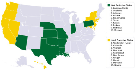This map shows the ten best and worst states for the pro-life cause in January 2014. The best state for pro-life issues is Louisiana, the worst is Washington. The "Life List" was released January 14, 2014.