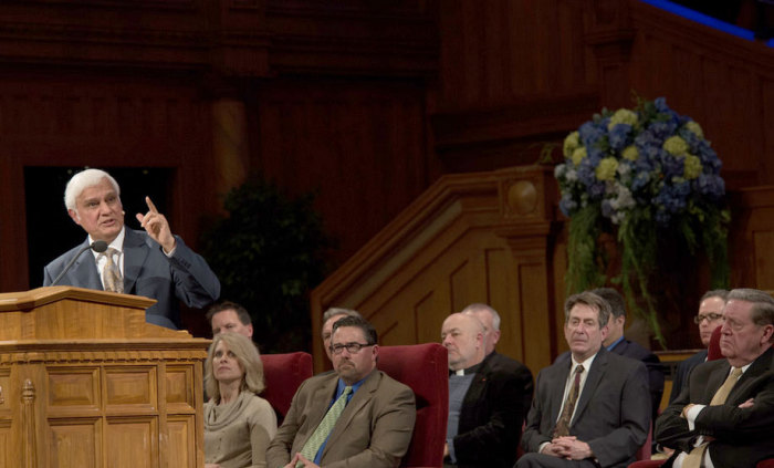 Christian apologist Ravi Zacharias speaks at the Mormon Temple in Salt Lake City, Utah, on Saturday, Jan. 18, 2014.
