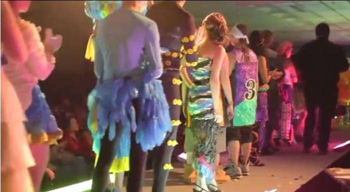 More than 20 students line up dressed in outfits made out of condoms, for the third annual 'Latex and Lace Condom Fashion Show' at Montana State University in 2012.